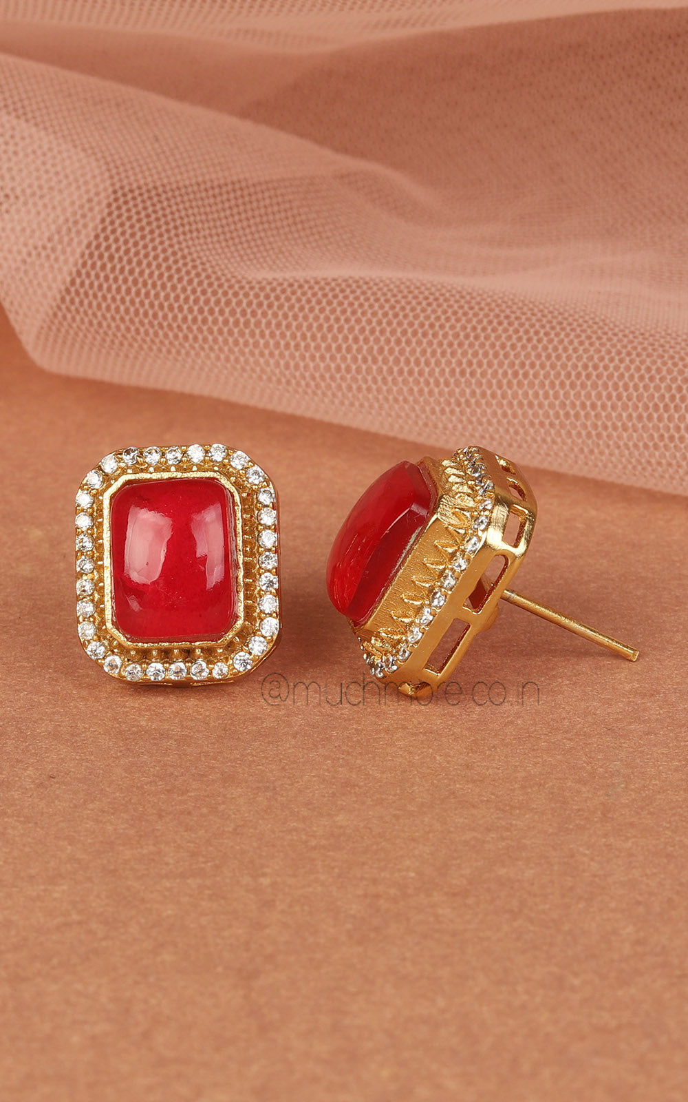 Ruby Gold Polish Square Shaped Stud Earrings