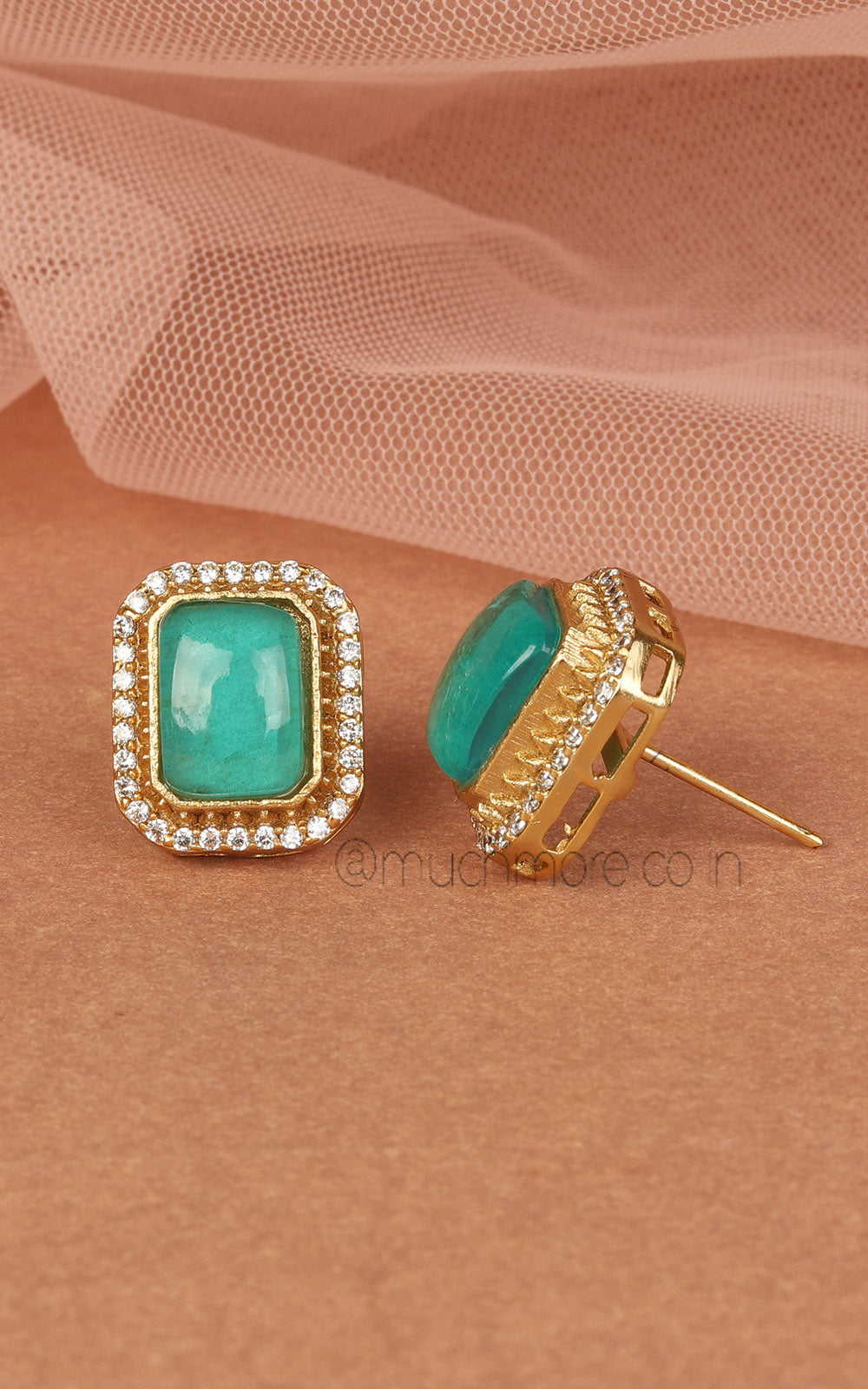 Sea Green Gold Polish Square Shaped Stud Earrings