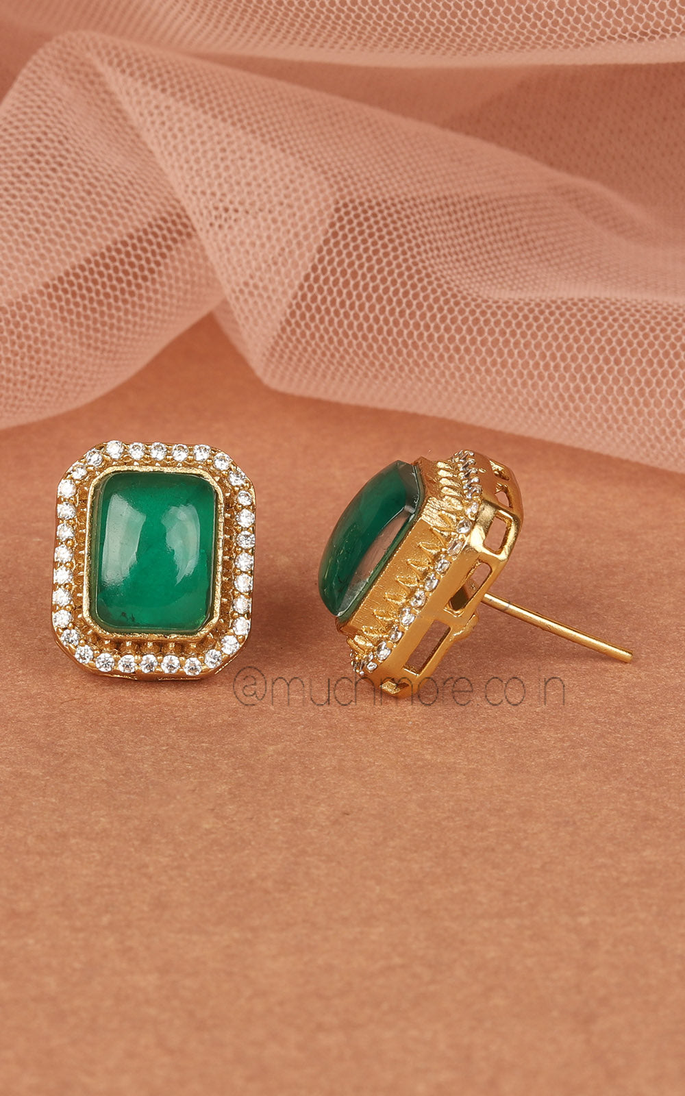 Emerald Green Gold Polish Square Shaped Stud Earrings