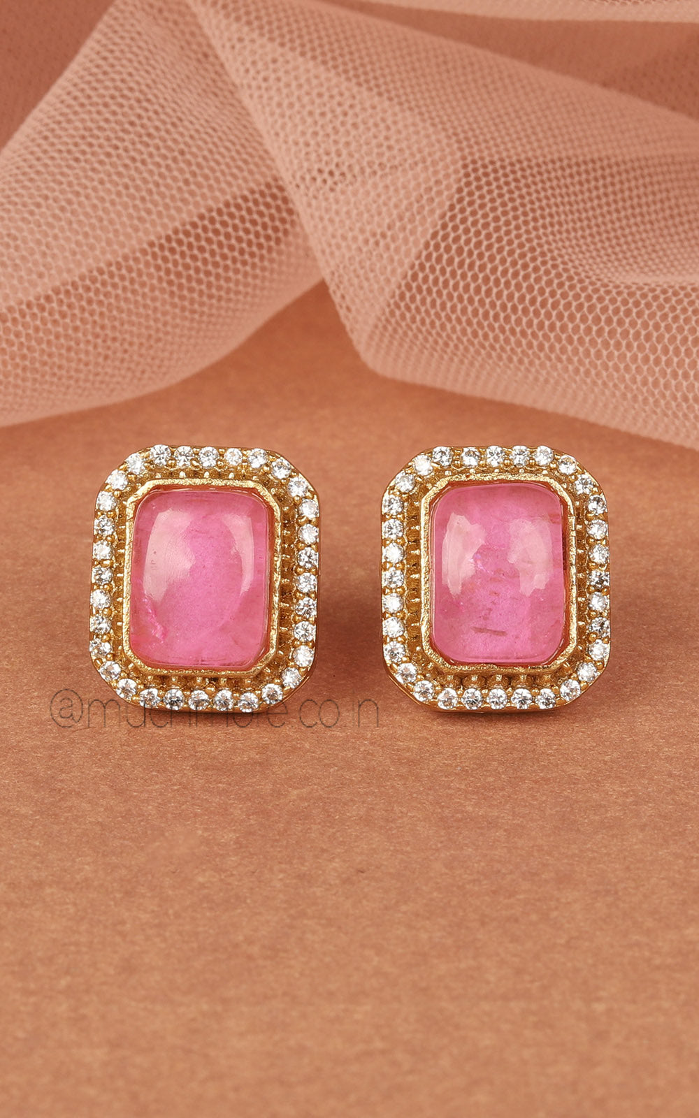 Pink Tone Gold Polish Square Shaped Stud Earrings
