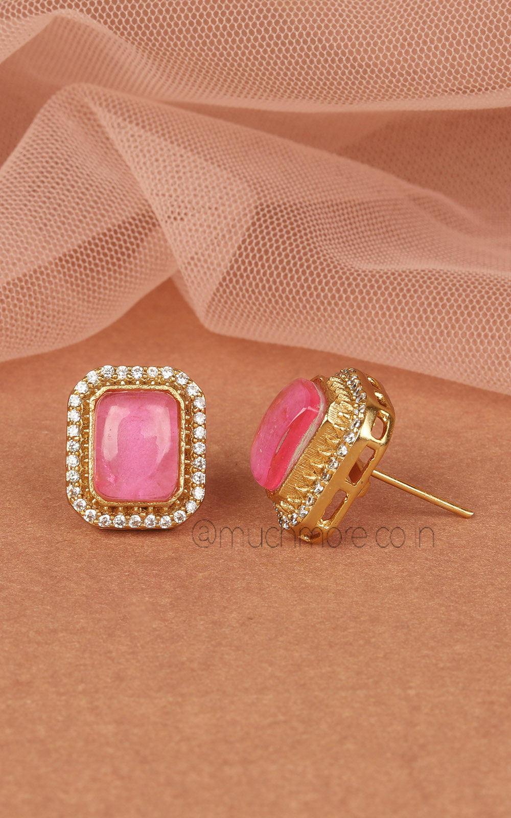 Pink Tone Gold Polish Square Shaped Stud Earrings