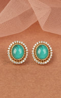 Sea Green Oval Shaped Cute Stud Earrings In Gold Polish