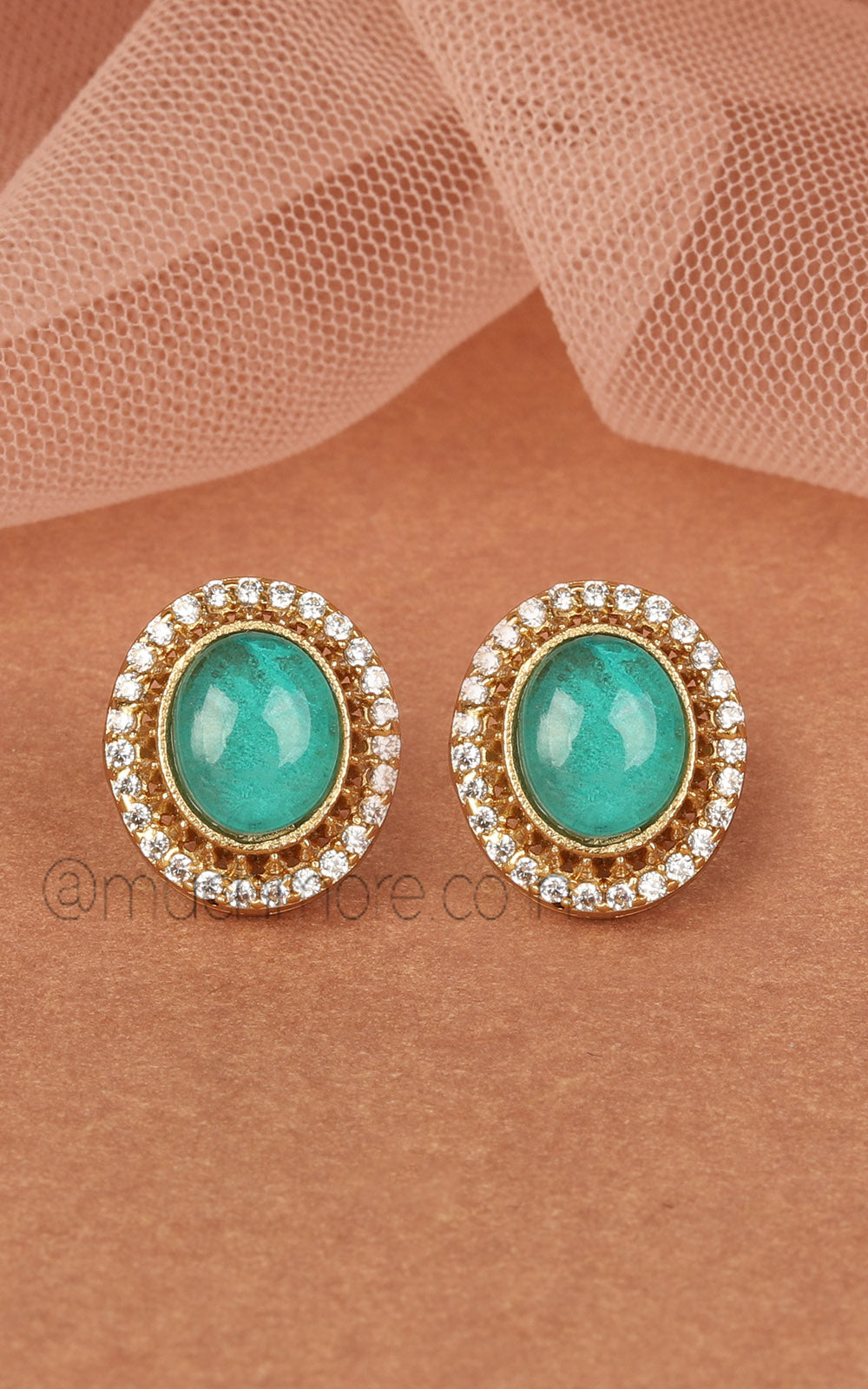 Sea Green Oval Shaped Cute Stud Earrings In Gold Polish