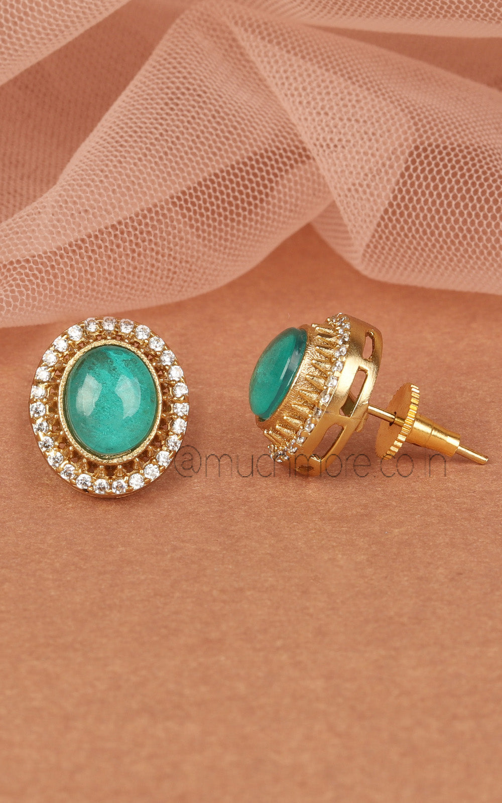 Sea Green Oval Shaped Cute Stud Earrings In Gold Polish
