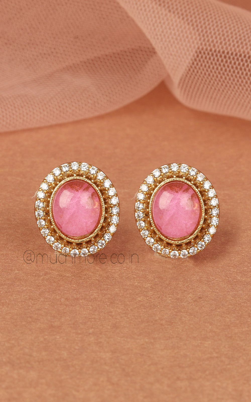 Pink Tone Oval Shaped Cute Stud Earrings In Gold Polish