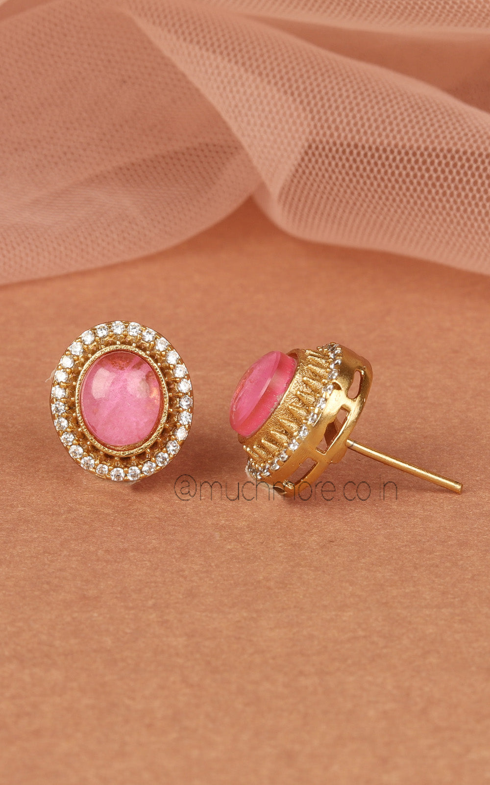 Pink Tone Oval Shaped Cute Stud Earrings In Gold Polish