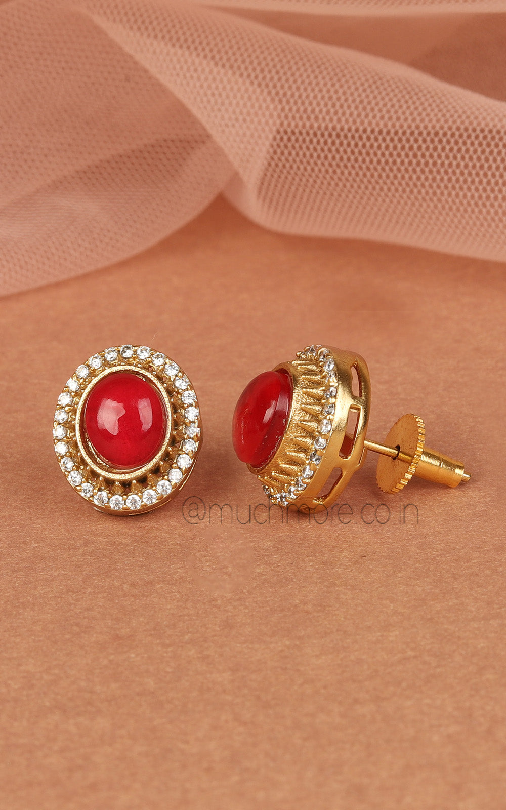 Ruby Oval Shaped Cute Stud Earrings In Gold Polish