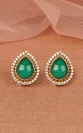 Emerald Green Kundan And Diamond Drop Shaped Studs