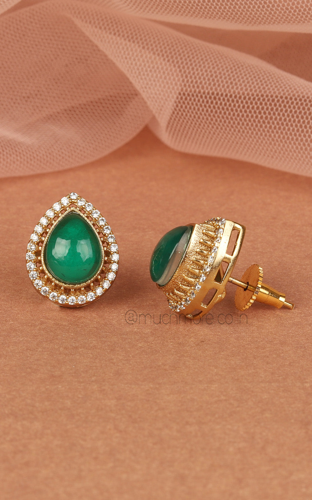 Emerald Green Kundan And Diamond Drop Shaped Studs