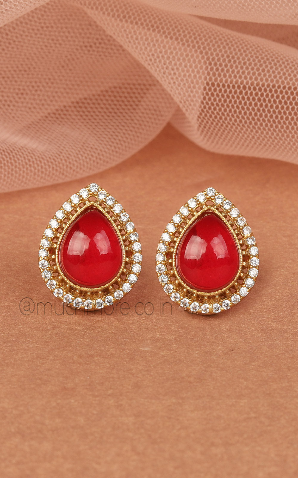 Ruby Kundan And Diamond Drop Shaped Studs Earrings