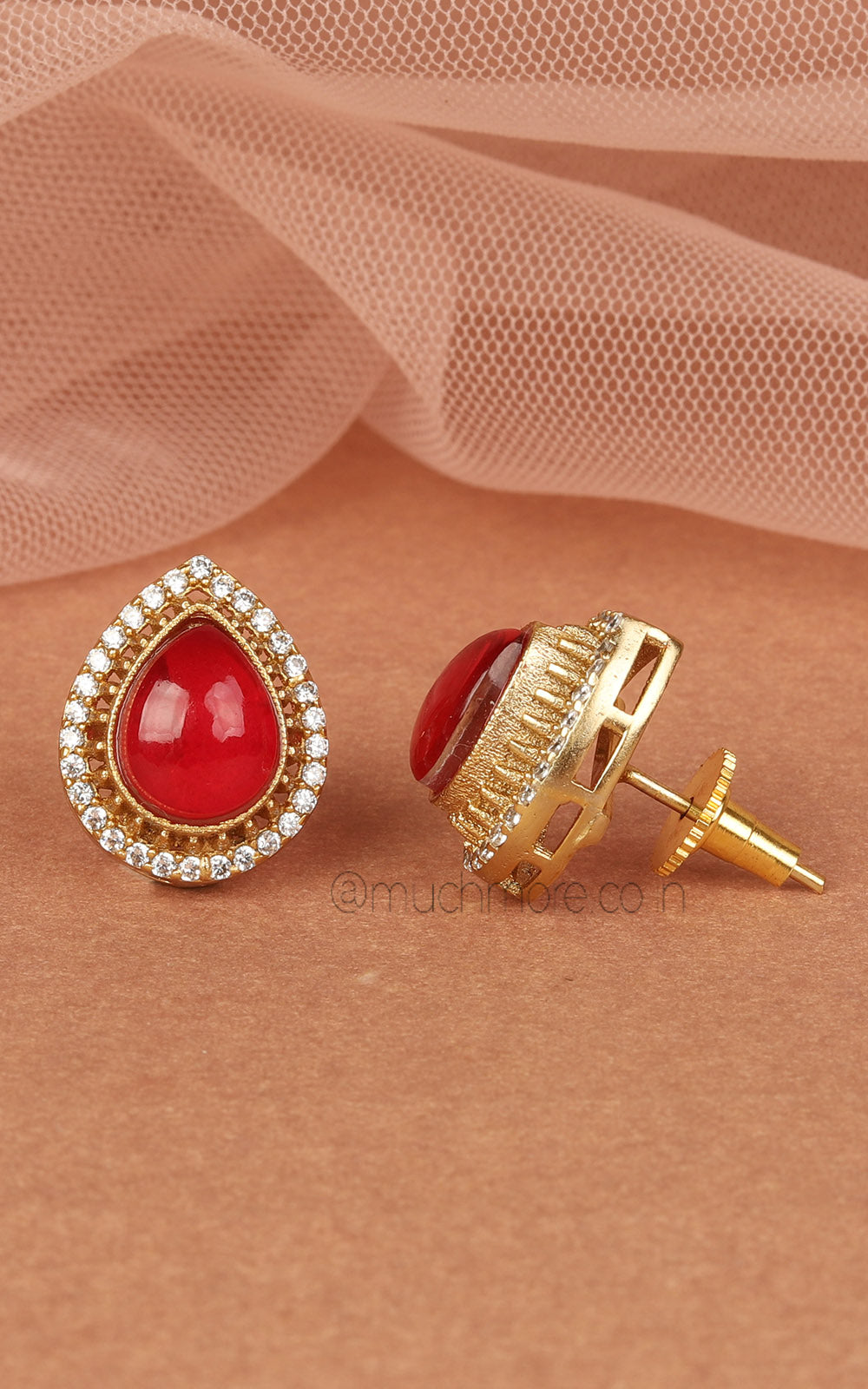 Ruby Kundan And Diamond Drop Shaped Studs Earrings