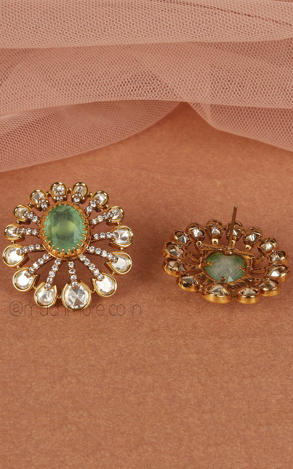 Mint Green Elegant Kundan Flower Stud Earrings