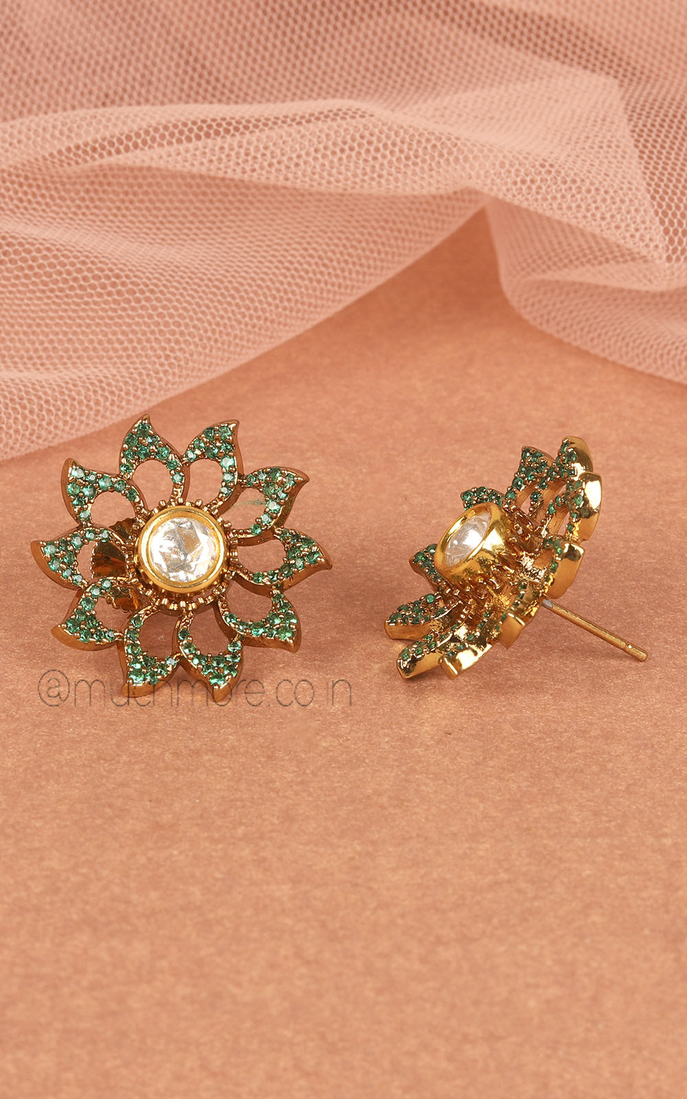Emerald Green Diamond And Kundan Flora Stud Earrings