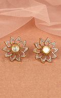 White Diamond And Kundan Gold Polish Flora Stud Earrings
