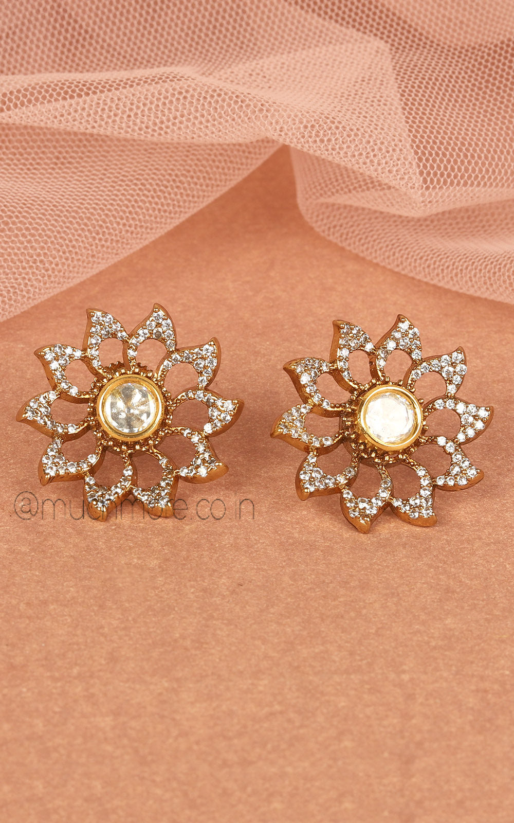 White Diamond And Kundan Gold Polish Flora Stud Earrings