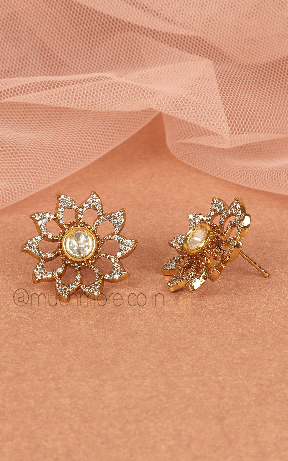 White Diamond And Kundan Gold Polish Flora Stud Earrings