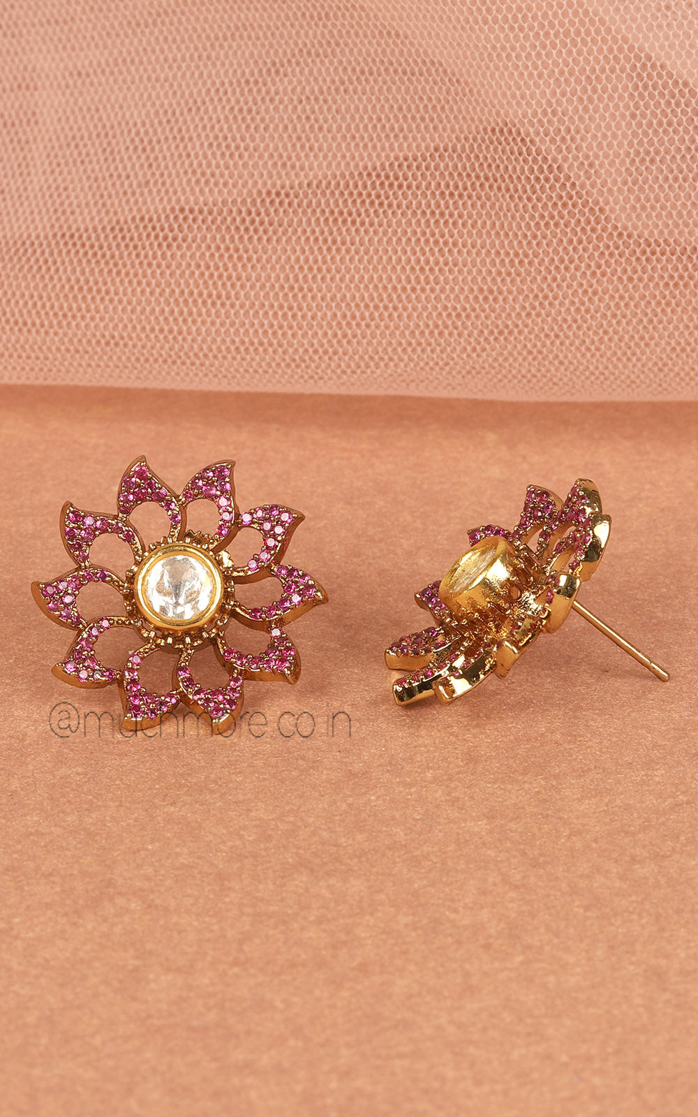 Pink Ruby Diamond And Kundan Flora Stud Earrings