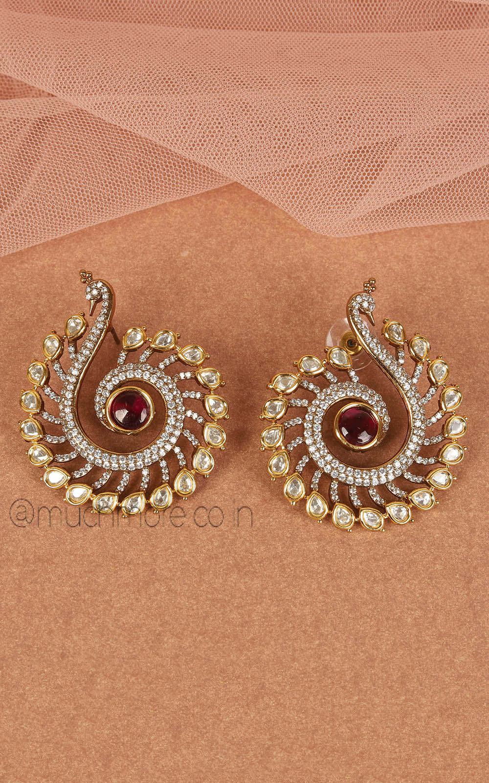 Peacock In Ruby Kundan And Diamond Stylish Stud Earrings