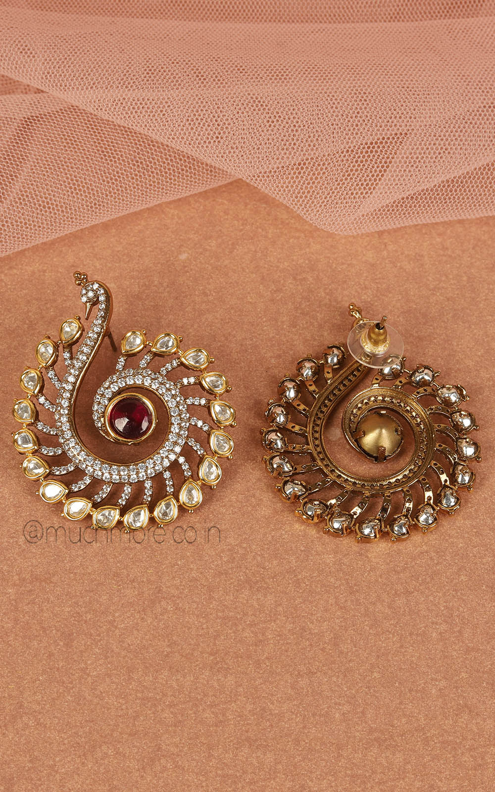 Peacock In Ruby Kundan And Diamond Stylish Stud Earrings