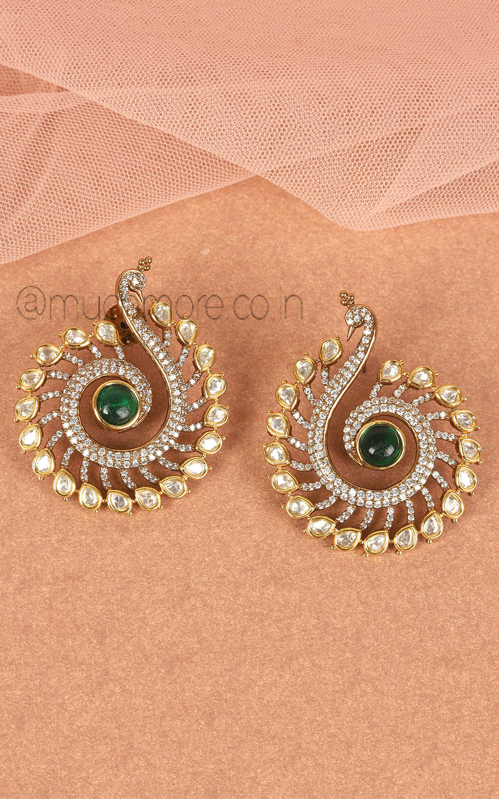 Peacock In Green Kundan And Diamond Stylish Stud Earrings