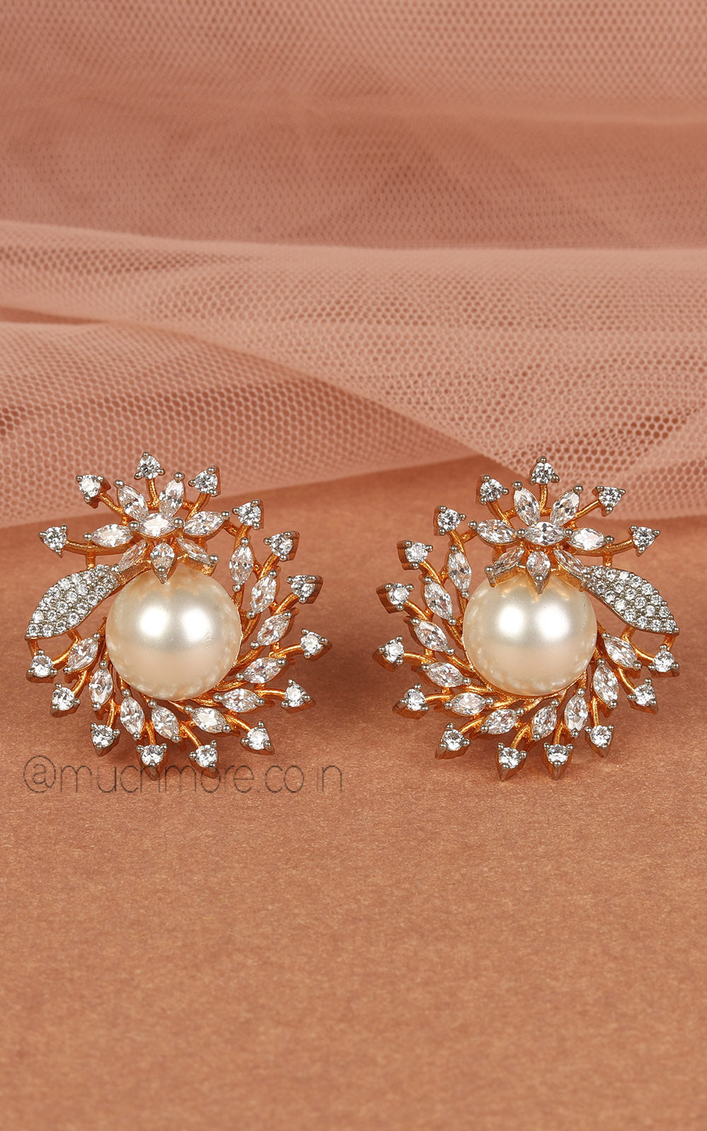 Gold Polish Pearl And Diamond Stud Earrings