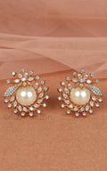 Gold Polish Pearl And Diamond Stud Earrings