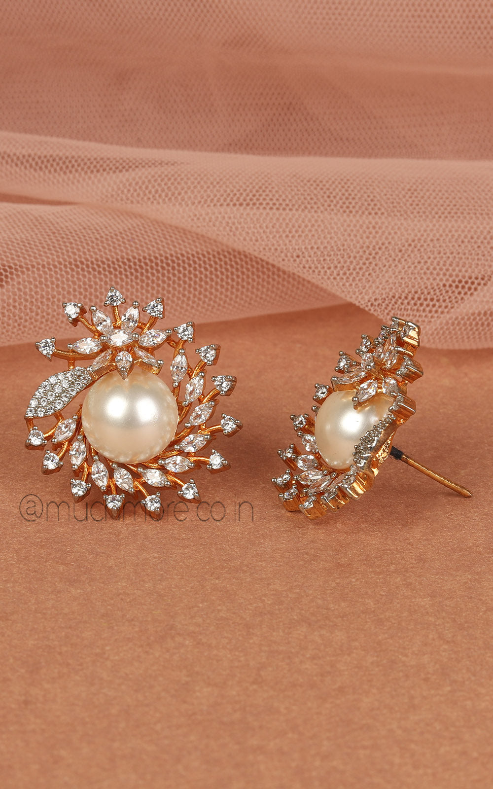 Gold Polish Pearl And Diamond Stud Earrings
