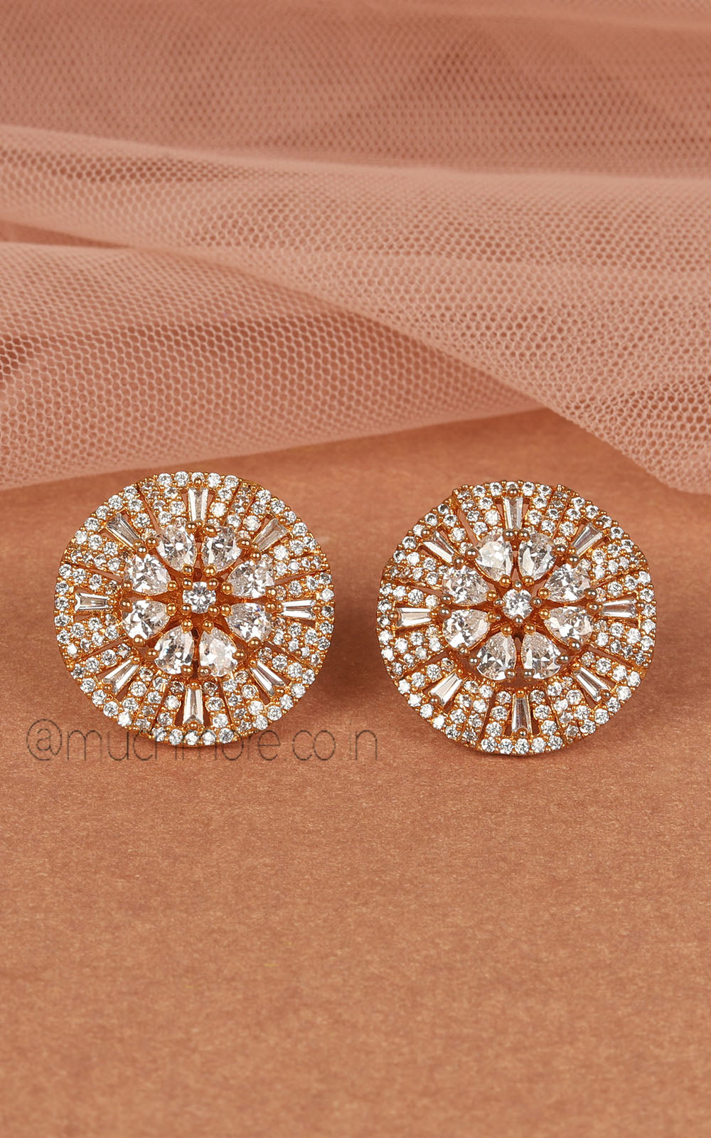 Round Shaped Gold Polish Diamond Studded Stud Earrings