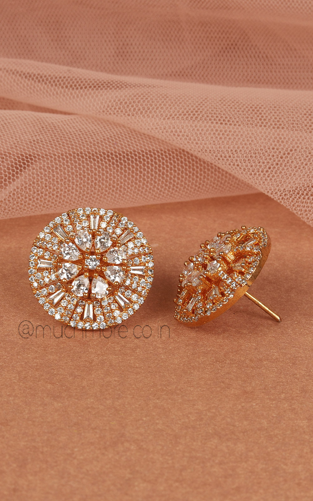Round Shaped Gold Polish Diamond Studded Stud Earrings