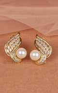 Designer Gold Polish Pearl And Diamond Stud Earrings