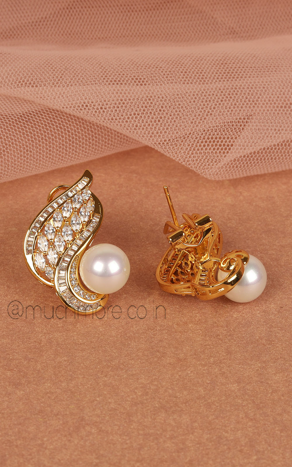 Designer Gold Polish Pearl And Diamond Stud Earrings