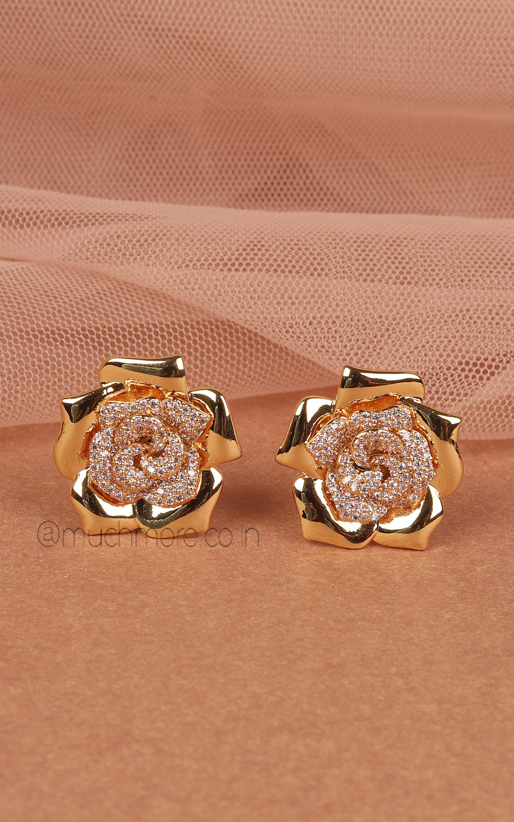 Rose Flower Gold Polish Diamond Studded Stud Earrings