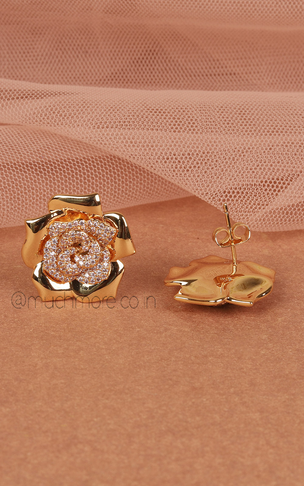 Rose Flower Gold Polish Diamond Studded Stud Earrings