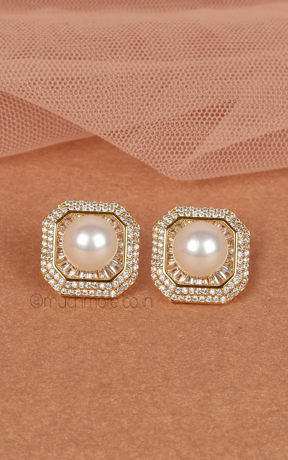Square Shaped Pearl Diamond Stud For Women/Girl
