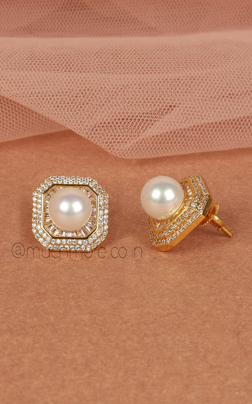 Square Shaped Pearl Diamond Stud For Women/Girl