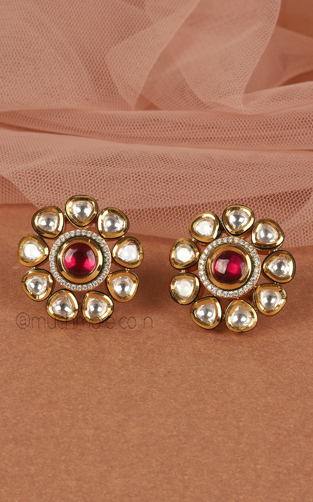Flower Shaped Kundan And Ruby Stud Earrings