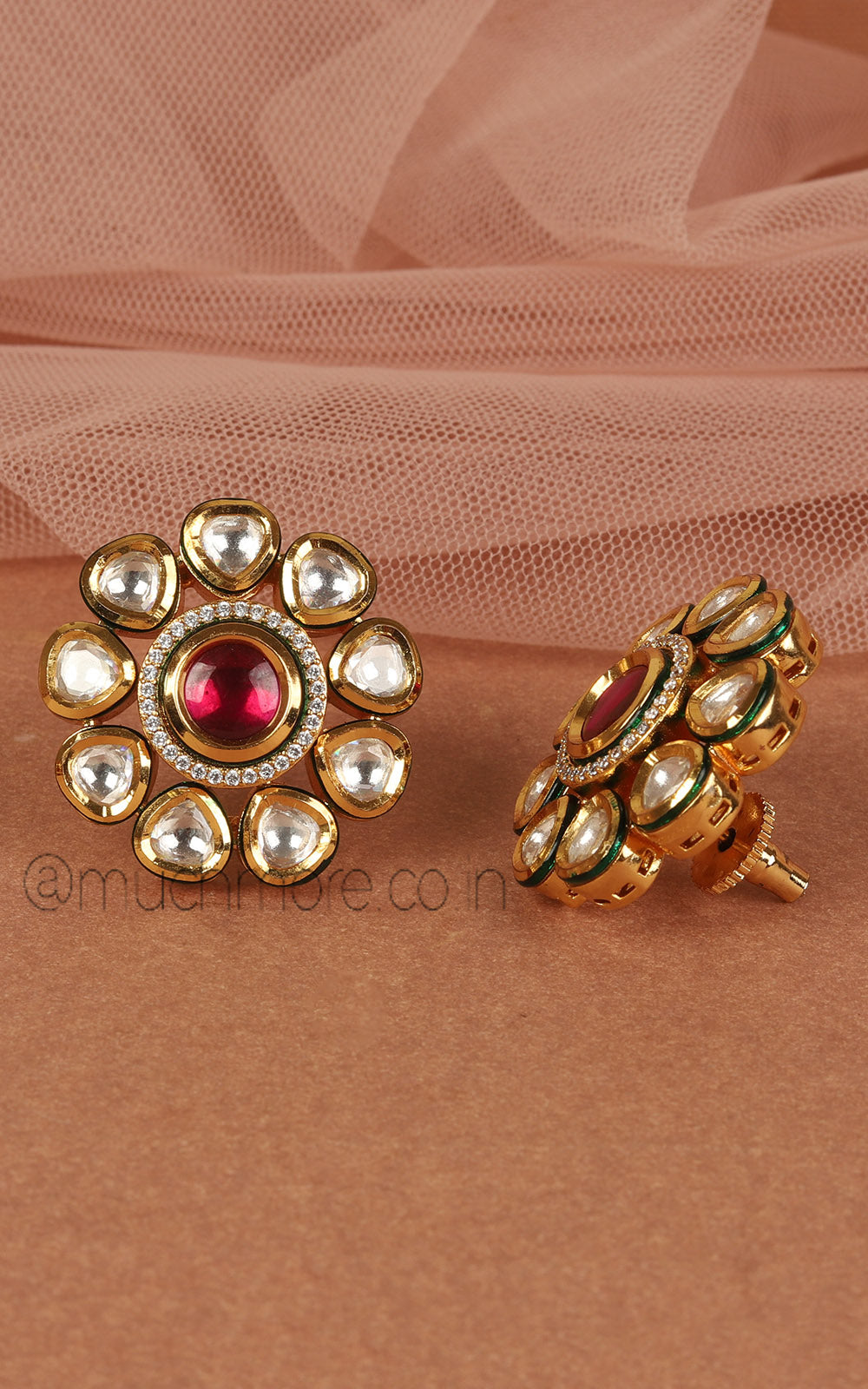 Flower Shaped Kundan And Ruby Stud Earrings