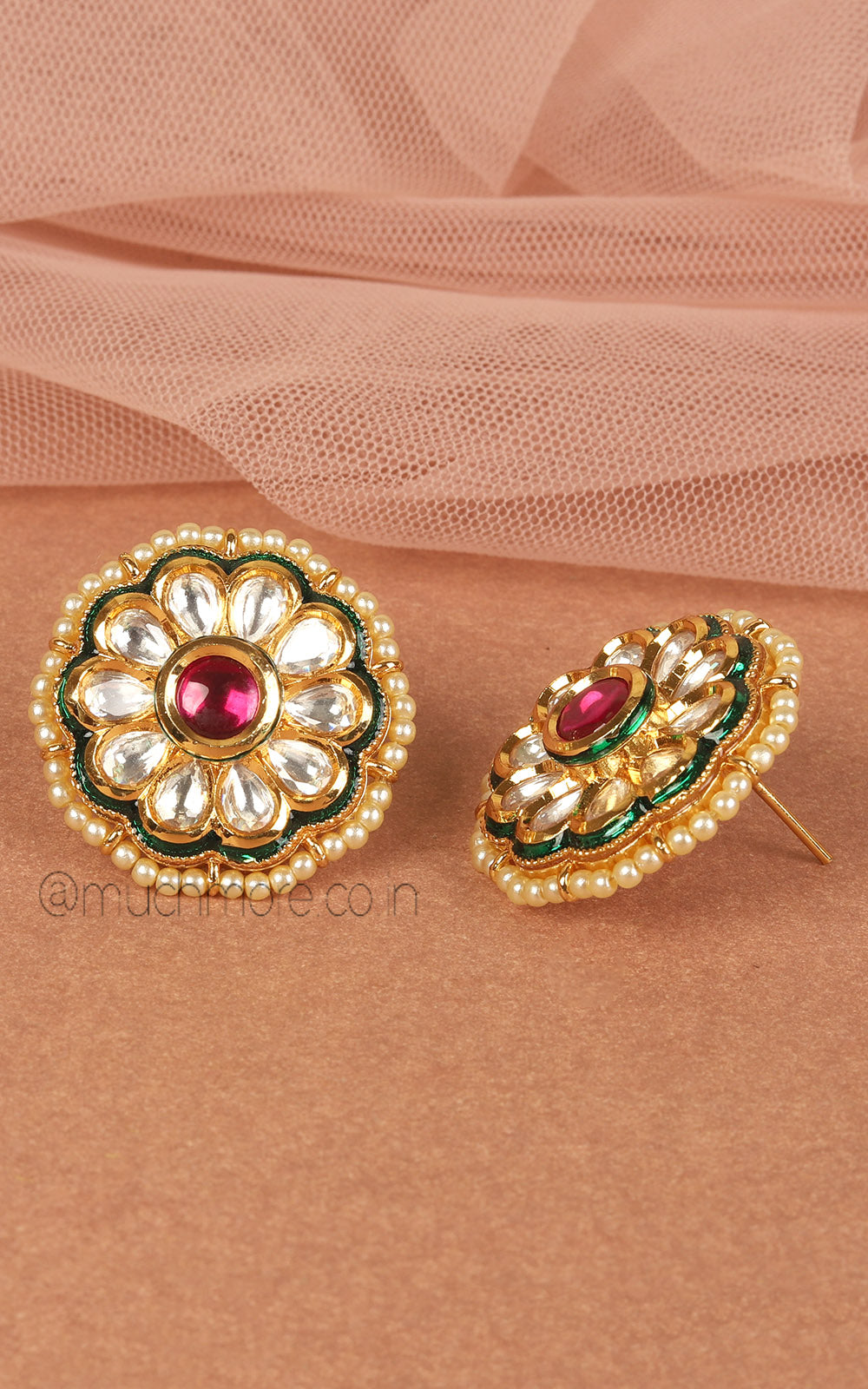 Ruby Green Kundan Flower With Pearl Stud Earrings