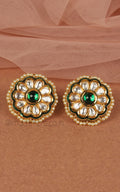 Emerald Green Kundan Flower With Pearl Stud Earrings