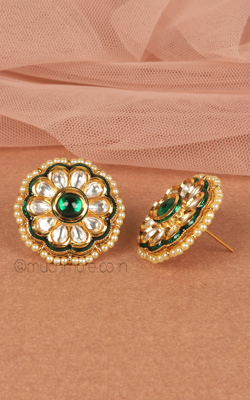 Emerald Green Kundan Flower With Pearl Stud Earrings