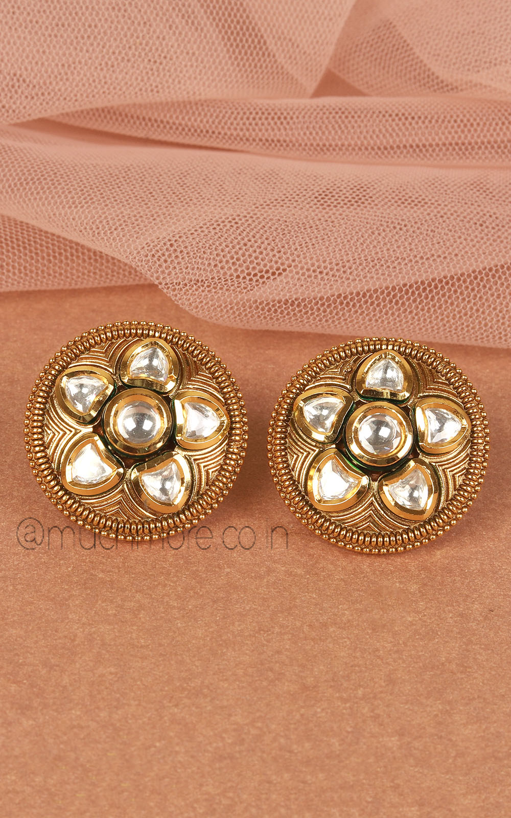Classic Gold Polish Carving Work Stud Women Earrings