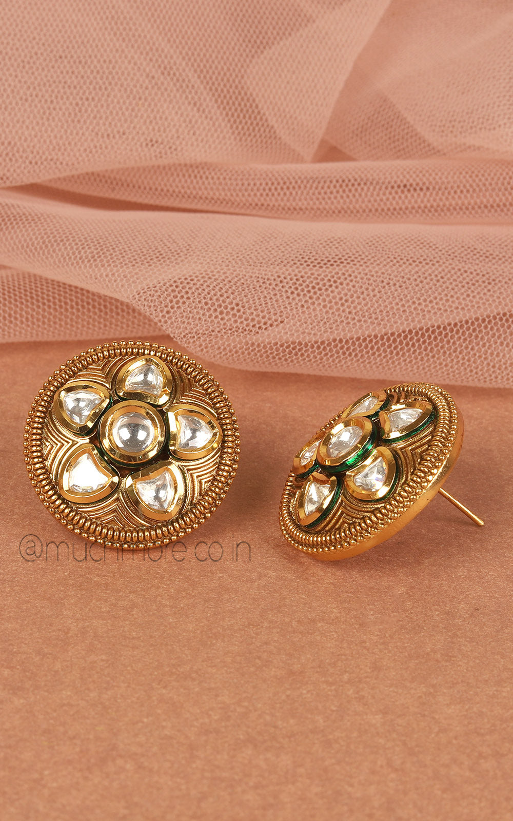 Classic Gold Polish Carving Work Stud Women Earrings