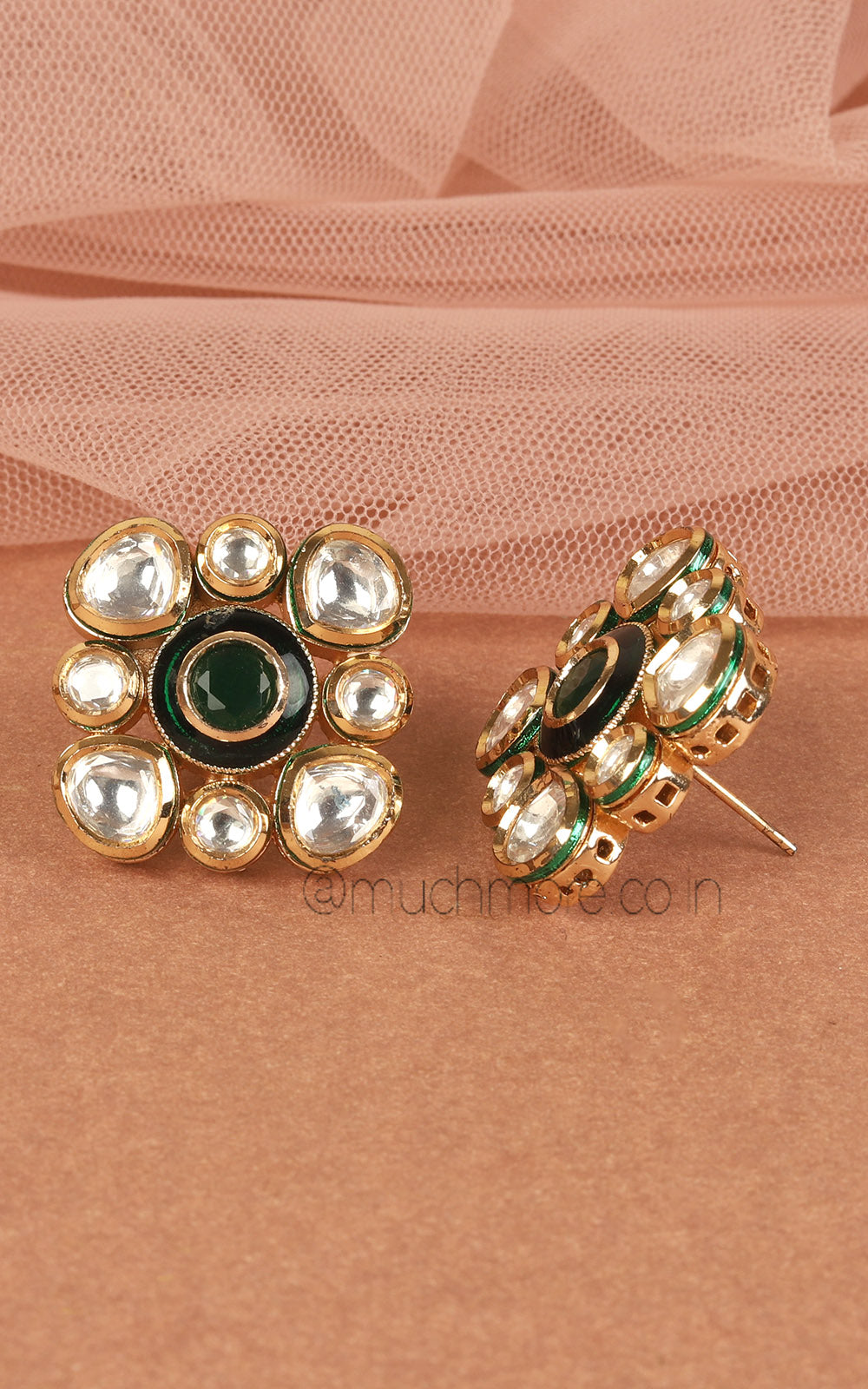 Square Shaped Kundan In Emerald Green Color Studs