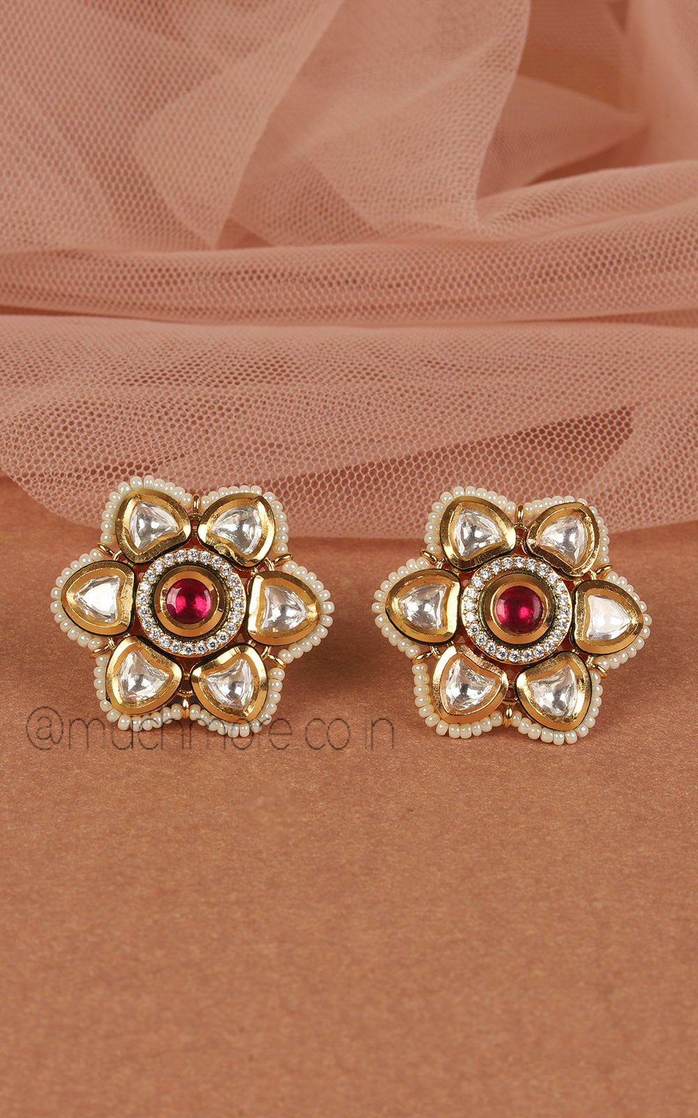 Kundan Ruby Flora Stud With Bead Work Stud Tops