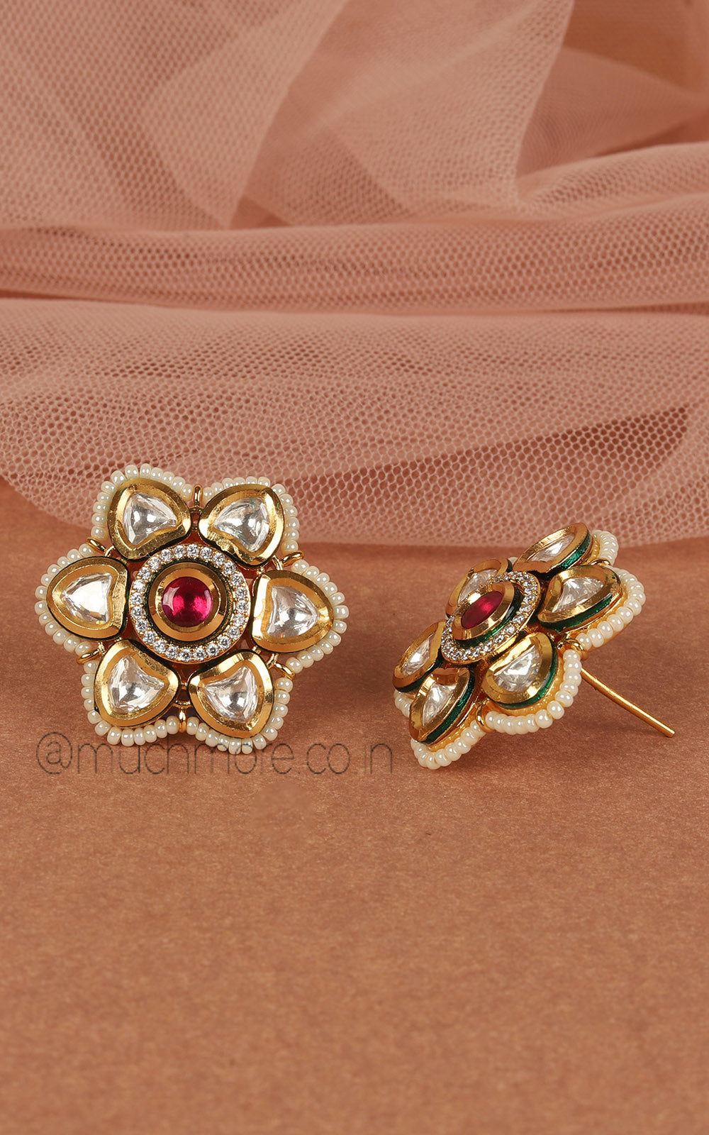 Kundan Ruby Flora Stud With Bead Work Stud Tops