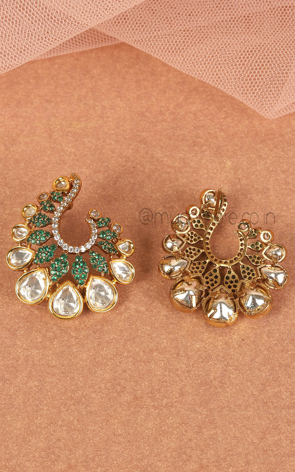 Polki Kundan And Emerald Green Stylish Stud Earrings