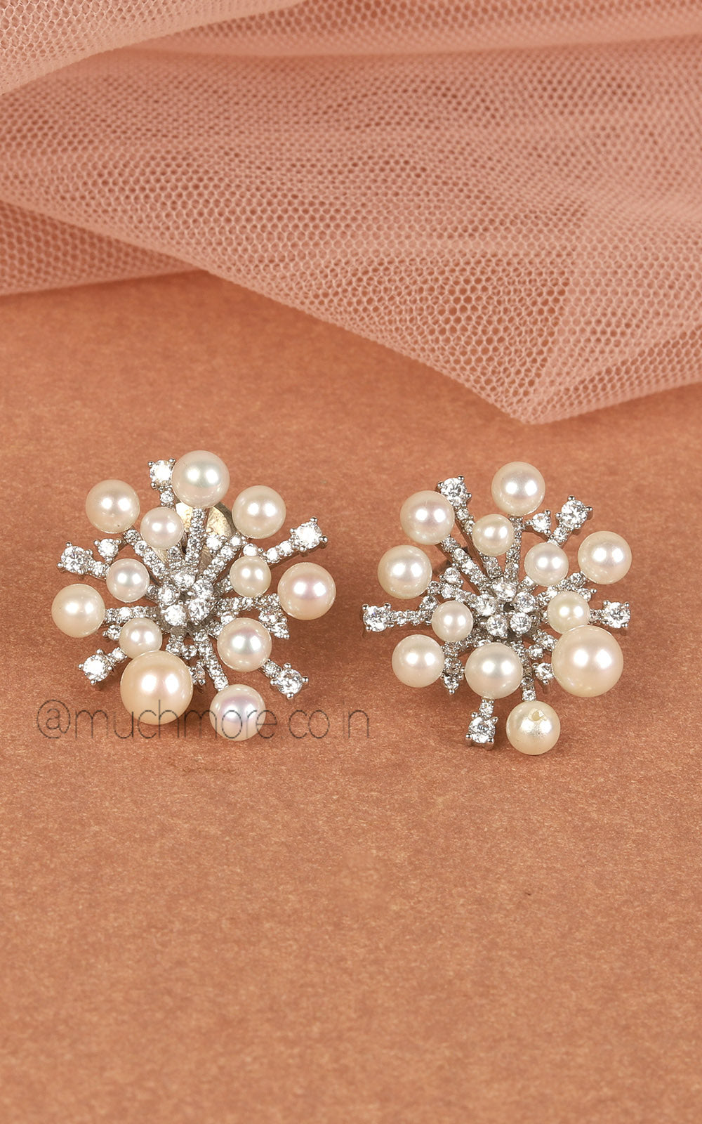 Silver Polish Diamond And Pearl Stud Earrings