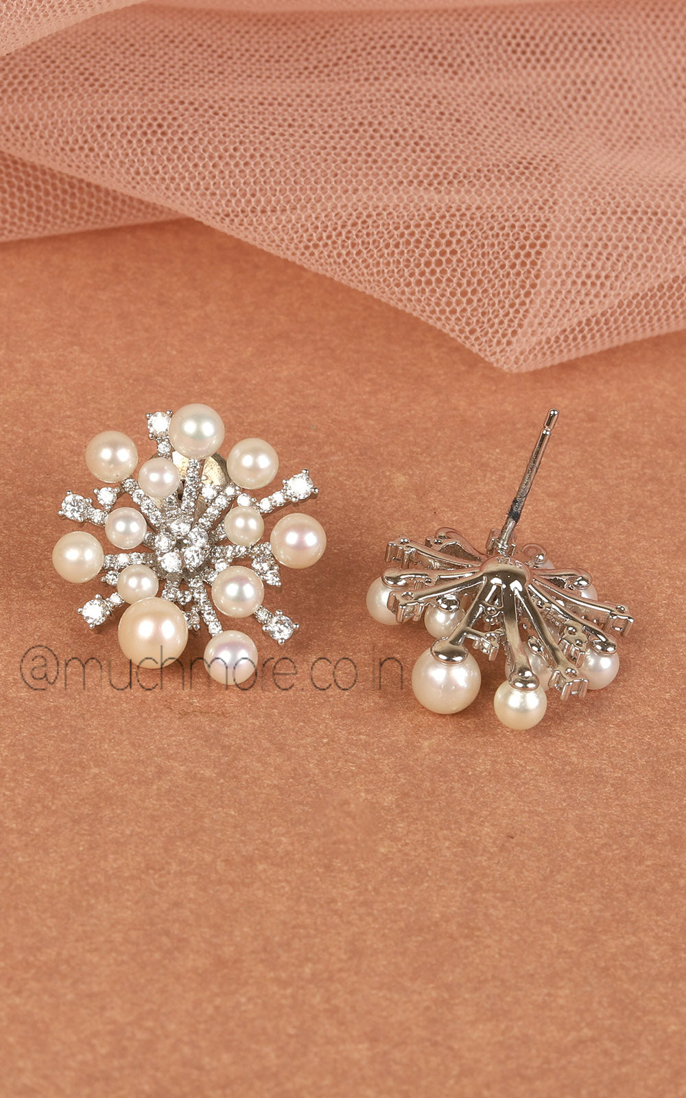 Silver Polish Diamond And Pearl Stud Earrings