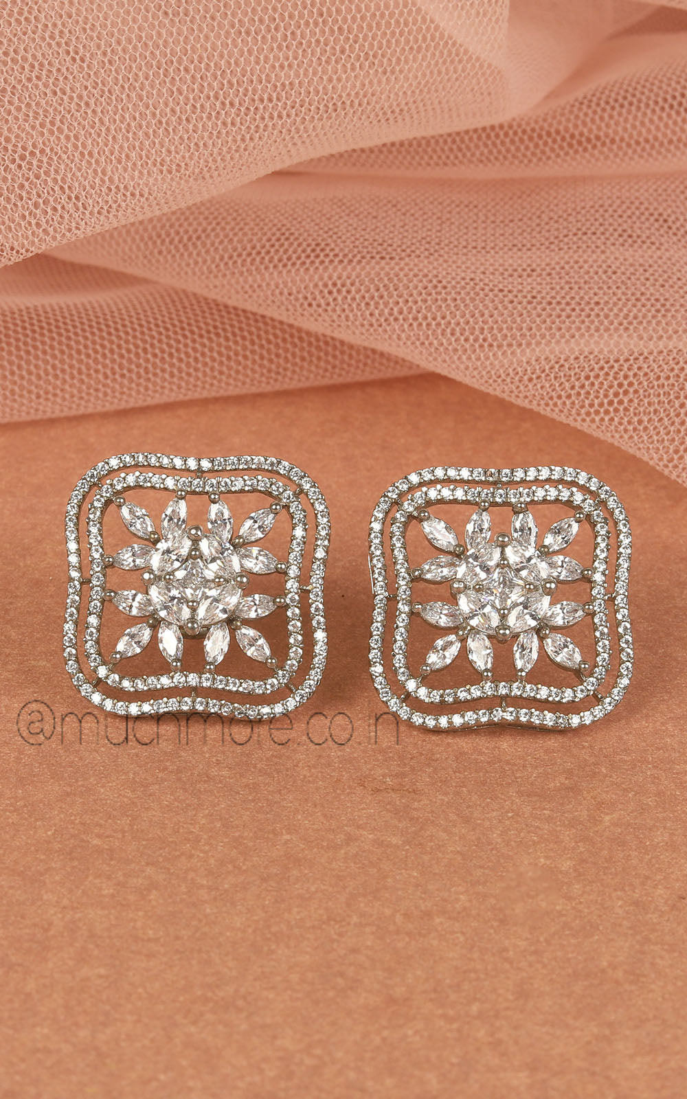 Buy Square Silver Polish Diamond Stud Earrings