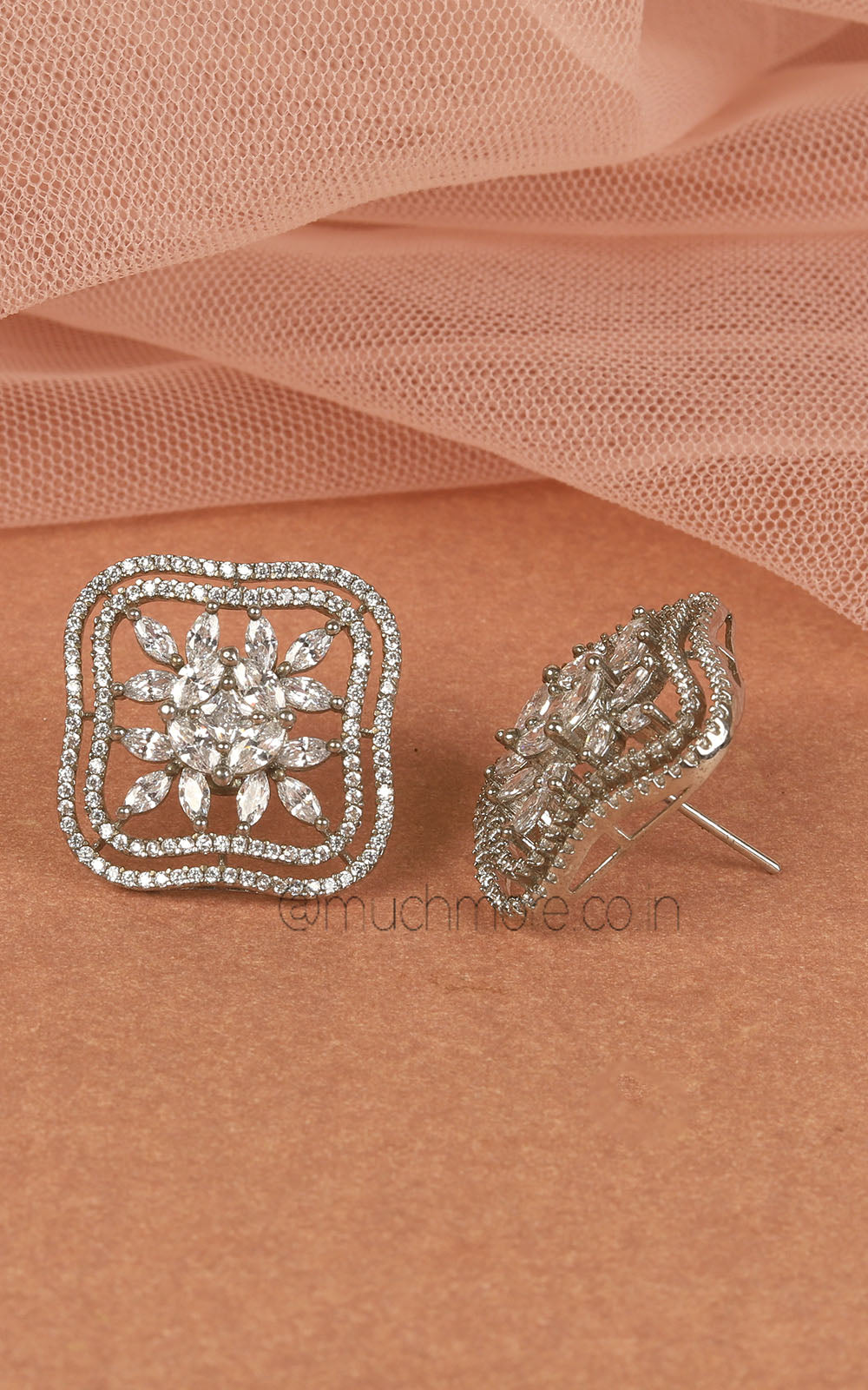 Buy Square Silver Polish Diamond Stud Earrings